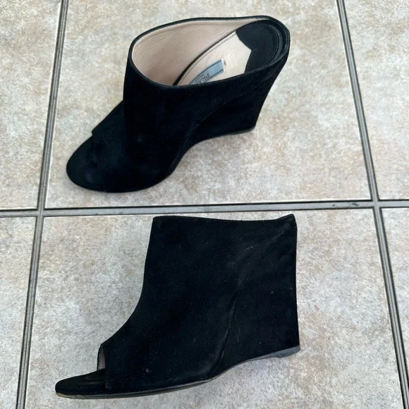 PRADA Women's Black Suede Wedge Peep / Open Toe Mule - Picture 8 of 15